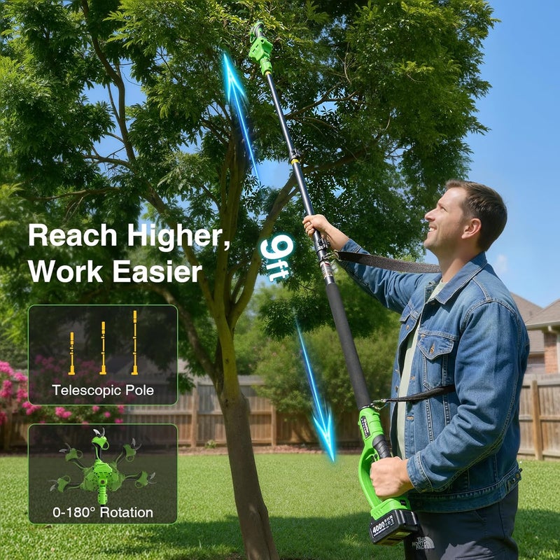 TaskStar Cordless Electric Pruning Shears: 2-in-1 9ft Pole Pruner 1.2" Cutting Diameter - 2 Pcs 4.0Ah Batteries, Extra SK5 Blade, 3 Cutting Modes 20V Brushless Power Tree Pruner for Branch & Gardening - Image 4